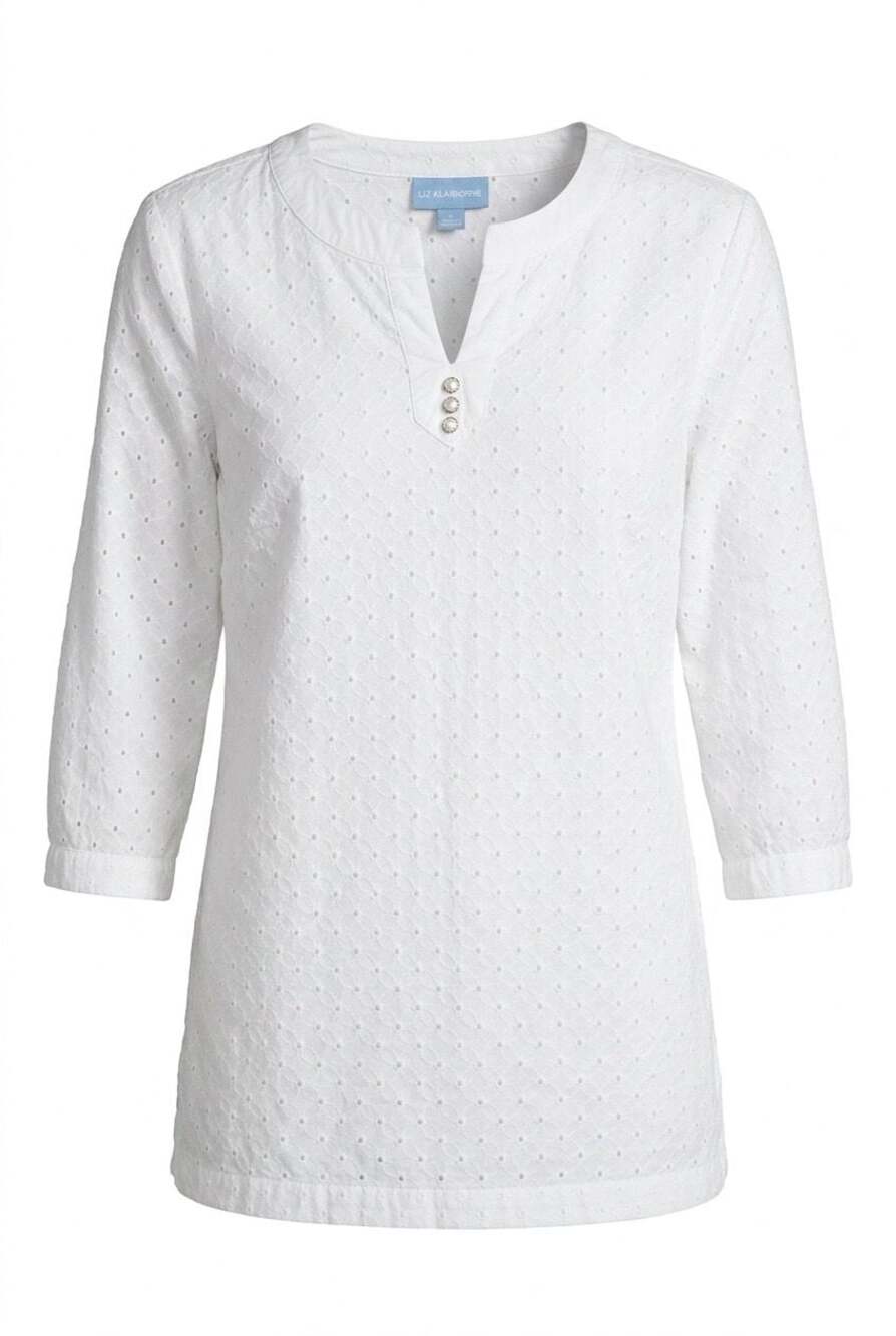 Koret Women's White Eyelet Cotton 3/4 Sleeve Tunic Top Size M